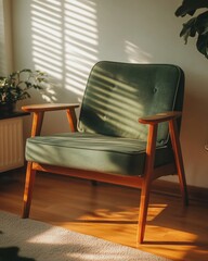 Cozy green armchair bathed in warm sunlight casting shadows in a serene interior setting indoor calm