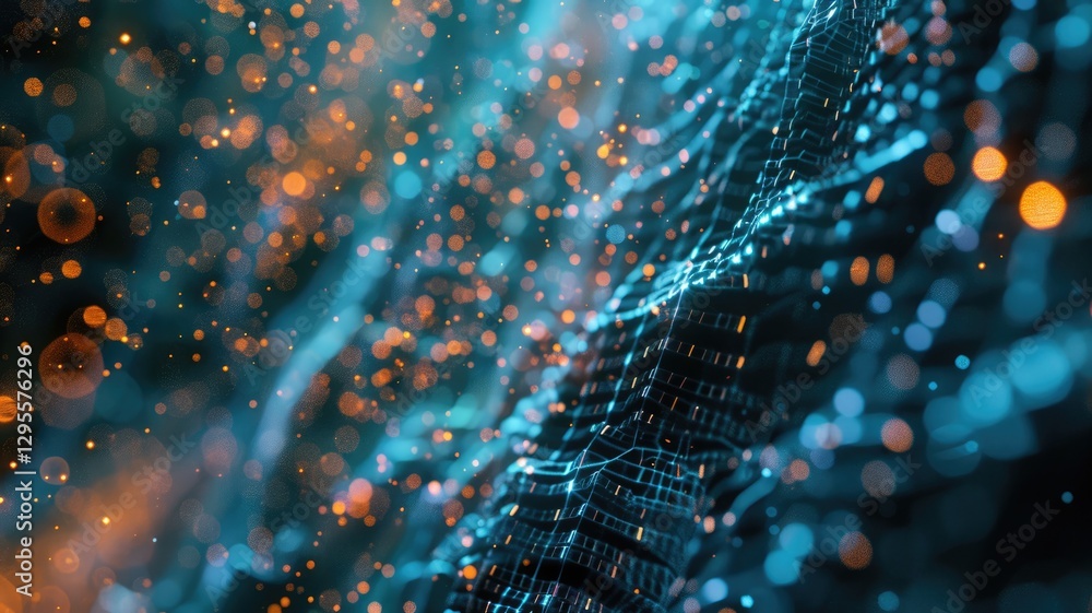 Poster abstract picture micro light sparkling particle represent data flow vivid flowing wave with high tec