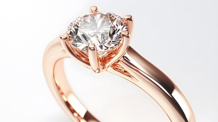 A close-up of a rose gold ring with a sparkling diamond at its center, shown on a clean white background