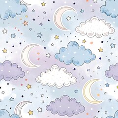 Pastel clouds moons stars night sky seamless pattern design art cute baby kids soft blue pink gold
