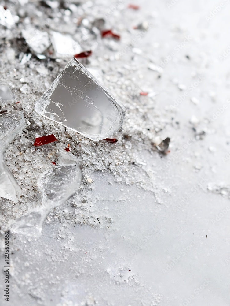 Poster Shattered glass pieces scattered on sleek surface with reflective properties and sharp edges : Generative AI