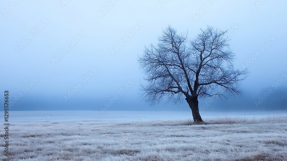 Poster lonely winter tree set against a foggy background in a serene frosty landscape : generative ai