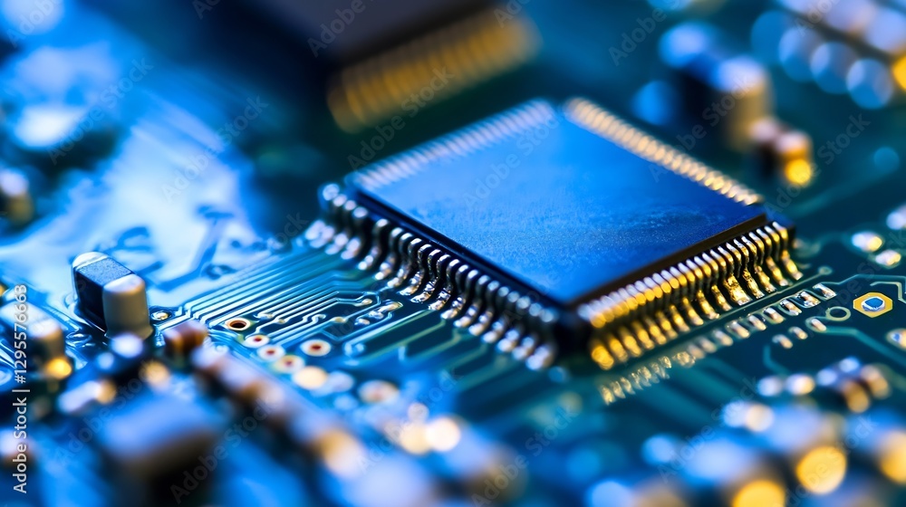 Aufkleber Close Up of a Microprocessor Chip on a Circuit Board with Expressive Lighting : Generative AI