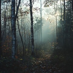 Obraz premium Misty autumn forest path, sunrise