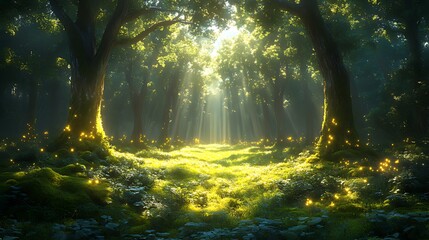 Fototapeta premium Sunlit magical forest path, glowing moss, fantasy background, game design