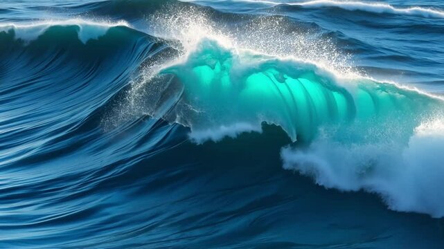 powerful ocean wave crashing with dynamic motion and crystal clear blue water, perfect natural sea background for energy, surfing, and marine nature themes