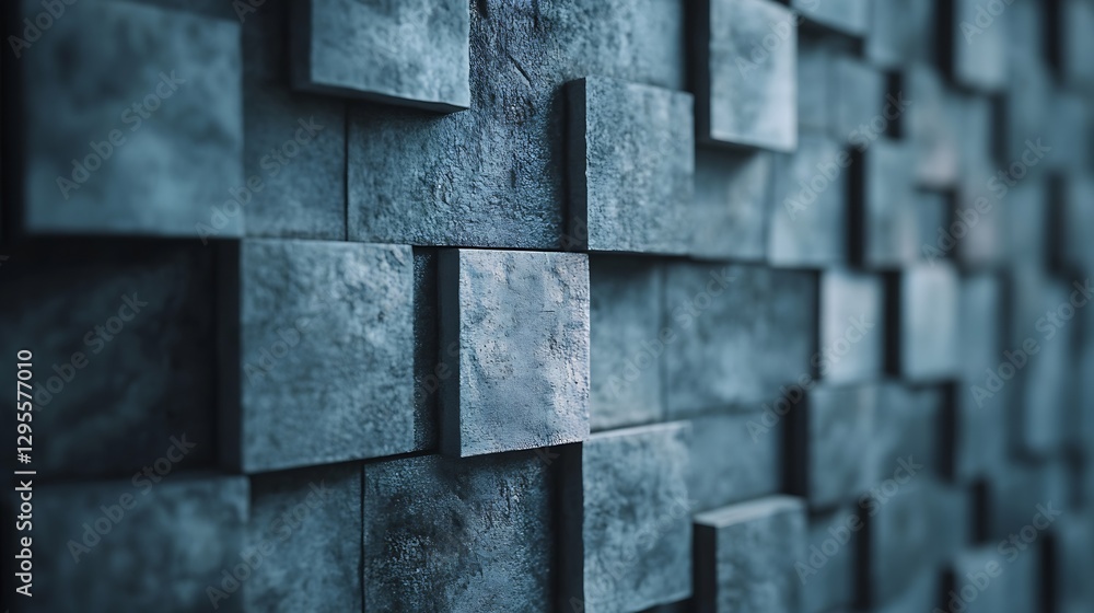 Fototapete Textured grey stone wall made of square concrete blocks showing depth and contrast in design : Generative AI