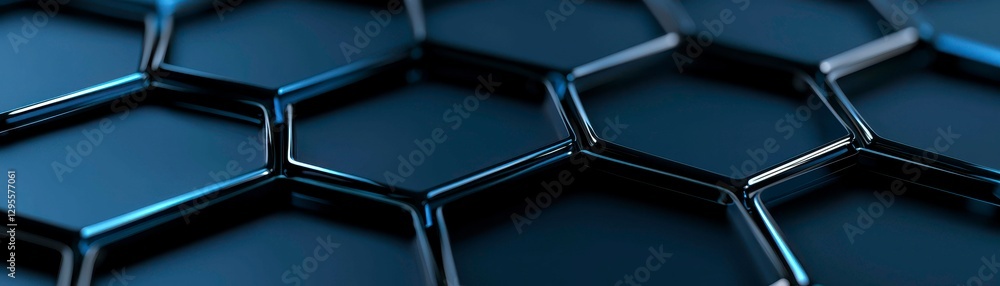 Poster abstract interlocking hexagon pattern with metallic blue highlights and dark background close up
