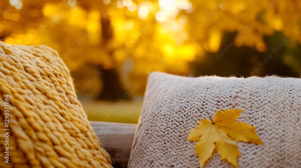 Poster soft knit pillows in warm autumn colors with yellow maple leaf under golden sunlit trees : generativ