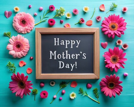A flat-lay composition of a wooden-framed blackboard with the words 'HAPPY MOTHER&rsquo;S DAY' spelled out in wooden letters. The blackboard is set against a pastel turquoise background. A vibrant pink gerb
