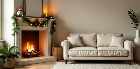 Cozy cream sofa against festive fireplace mantel with garland lights and holiday figurines, holly, soft lighting