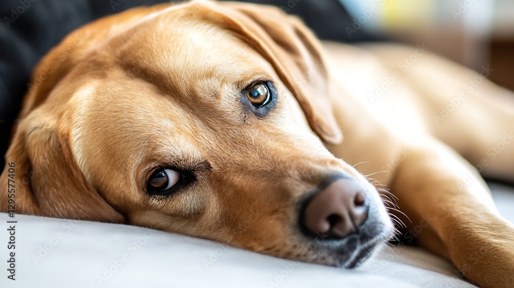 Poster closeup of a golden retriever resting comfortably on a soft sofa looking relaxed and peaceful : gene