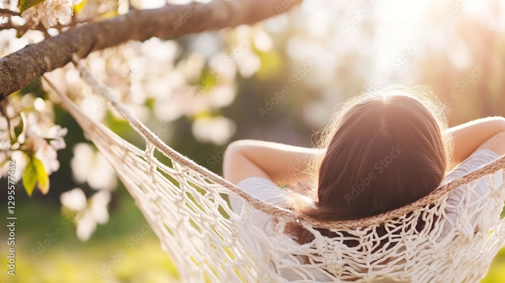 Poster relaxing in a hammock surrounded by blossom trees and warm sunshine : generative ai