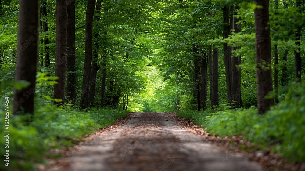 Poster serene forest path surrounded by vibrant green trees inviting peaceful walks in nature : generative 