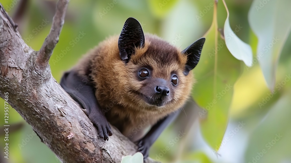 Poster cute bat classically perched on tree branch surrounded by lush green leaves : generative ai