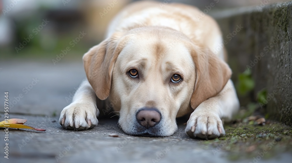 Poster adorable closeup of a sad labrador retriever laying on a stone surface looking at the camera : gener