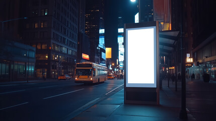 Large vertical blank advertising poster billboard banner mockup in front of building in urban city digital light box display screen