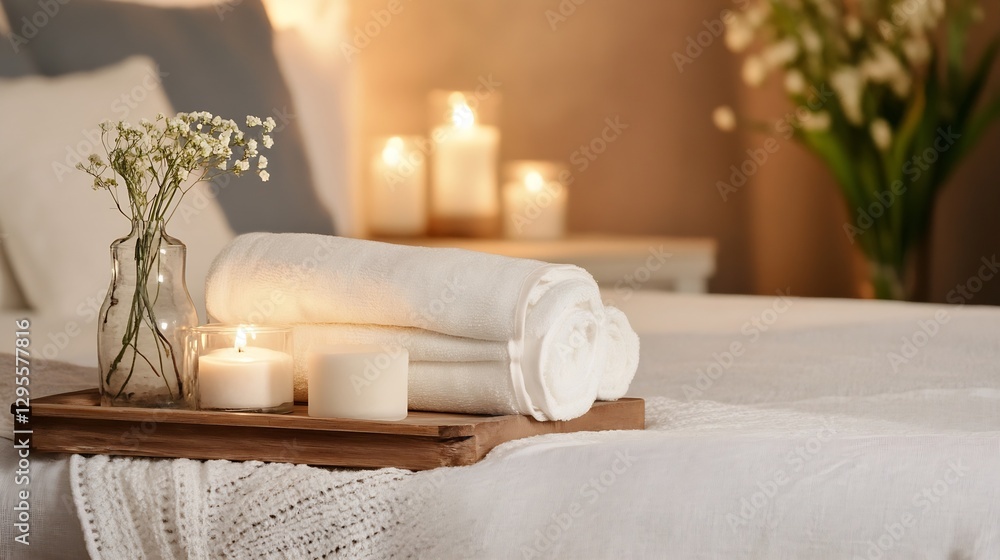 Poster cozy spa setup with soft towels candles and fresh flowers for relaxation : generative ai