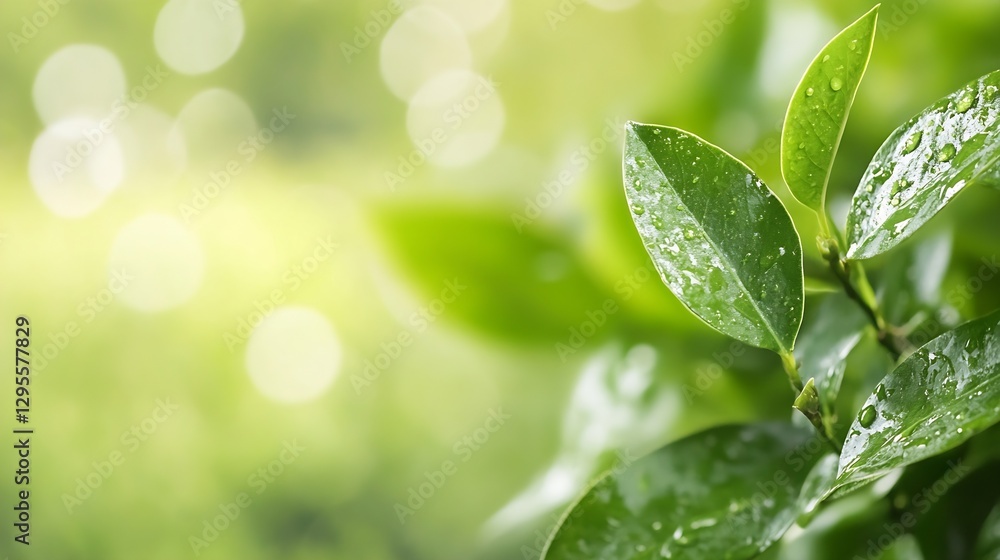 Poster fresh green leaves glistening with raindrops capturing the essence of nature after a refreshing rain