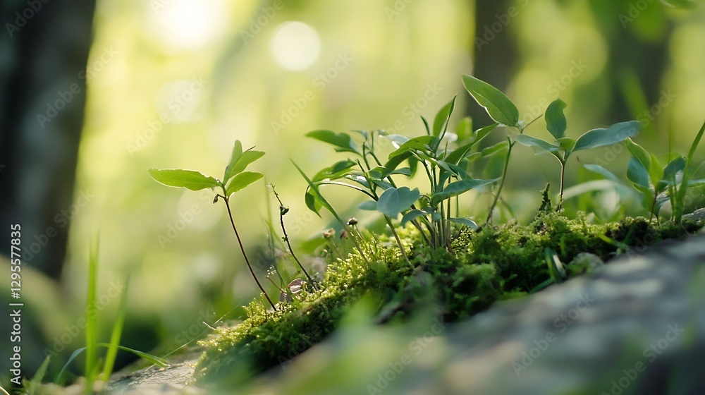 Poster lush green plants growing on mossy forest floor with soft sunlight filtering through trees : generat