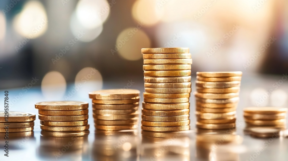 Poster stacks of golden coins on reflective surface with soft bokeh background : generative ai