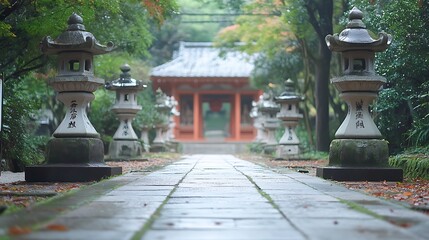 Obraz premium Stone lanterns path, autumn temple
