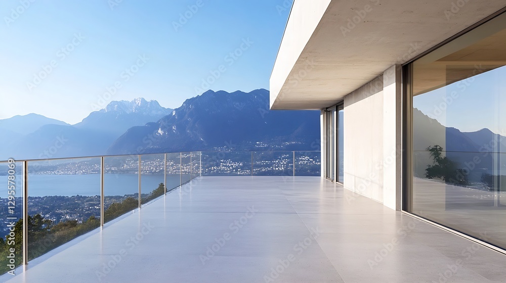 Poster Modern architectural design featuring a sleek balcony with panoramic mountain views : Generative AI