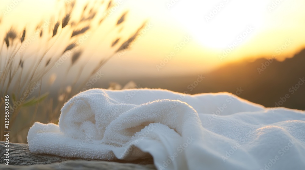 Poster Soft white towel on a rocky surface with a glowing sunset in the background creating relaxation : Generative AI