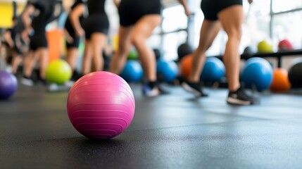 Bright purple exercise ball on gym floor with blurred people focusing on group fitness class in action : Generative AI