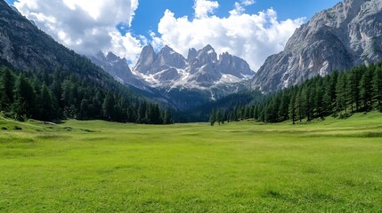 Breathtaking view of a lush green valley surrounded by majestic mountains under a blue sky : Generative AI