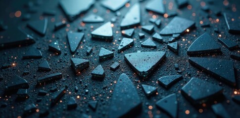 Fragments of broken glass on a gray background, dark, shards