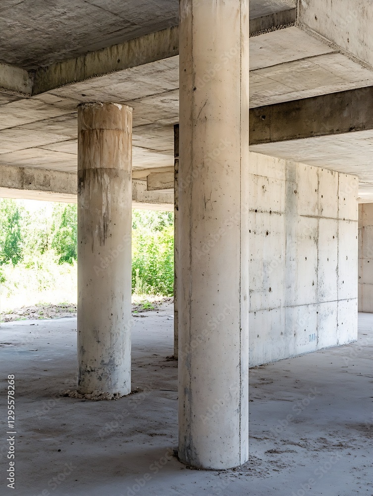 Aufkleber concrete pillars in an unfinished building with natural light streaming through : generative ai
