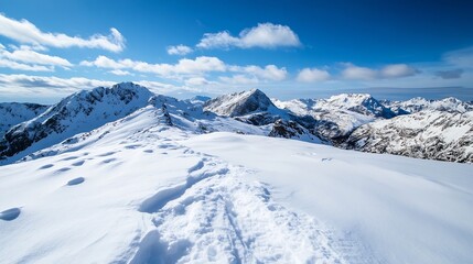 Stunning panoramic view of snowcovered mountains under a bright blue sky : Generative AI
