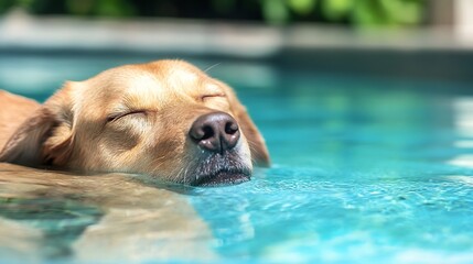 Golden Retriever Dog Relaxing and Enjoying the Sun by the Pool Water : Generative AI