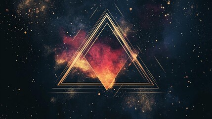 Cosmic nebula within a glowing geometric triangle.