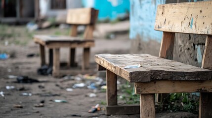 Obraz premium Weathered Wooden Benches in a Grungy Urban Setting with Litter on the Ground : Generative AI