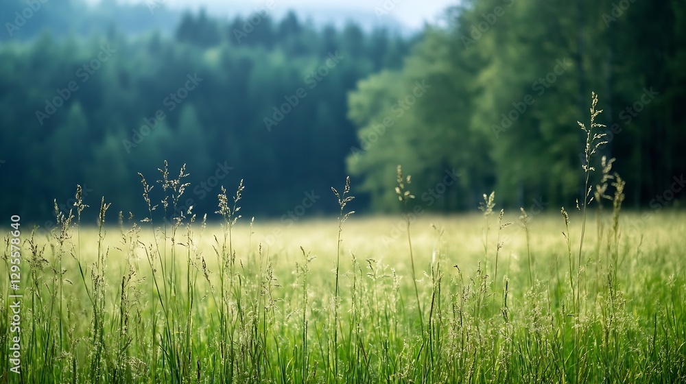 Poster lush green grass in a sunlit meadow surrounded by dense forest in a tranquil natural setting : gener