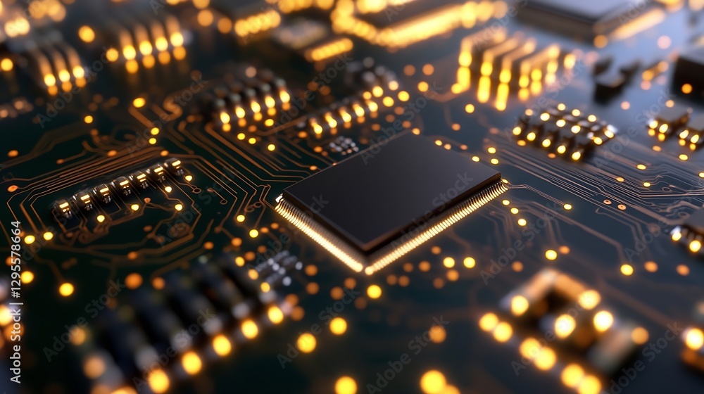 Poster Macro view of a circuit board with glowing lights and microprocessors : Generative AI