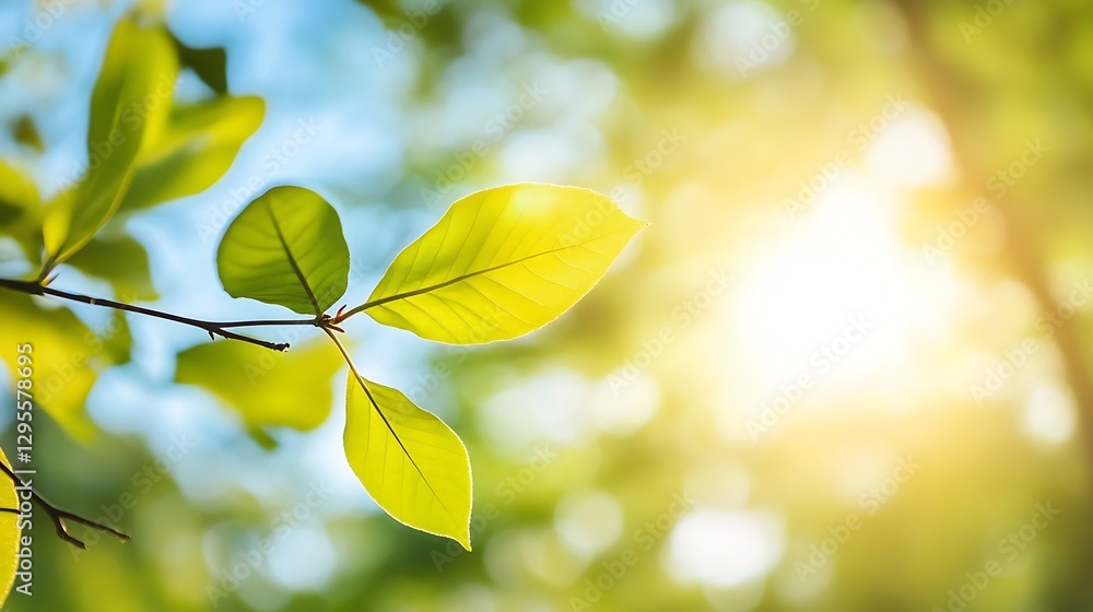Aufkleber bright sun rays filtering through lush green leaves creating a serene atmosphere : generative ai
