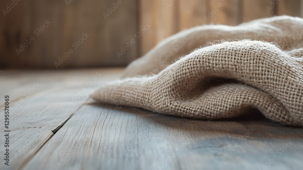 Poster Close up of textured burlap fabric on wooden surface in an artistic setting : Generative AI