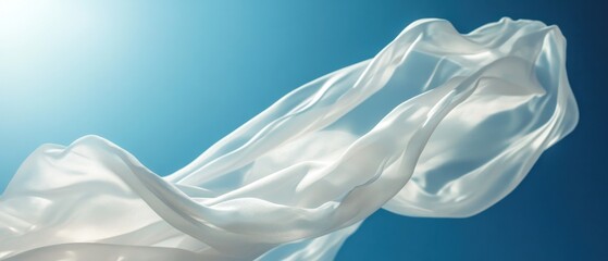 Ethereal white fabric flowing gracefully against a serene blue backdrop creating a sense of freedom and lightness with soft light and airy texture