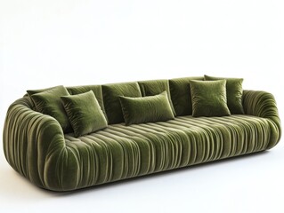 Luxury green velvet sofa in a contemporary minimalist living room setting
