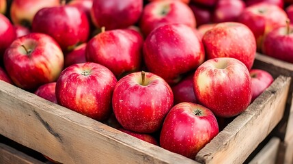 Freshly Harvested Red Apples Piled in a Wooden Crate at a Farmers Market : Generative AI
