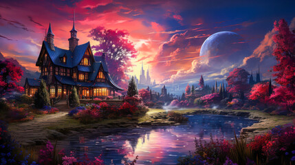 Obraz premium Charming house illuminated in the garden surrounded by vibrant foliage and enchanting evening landscape
