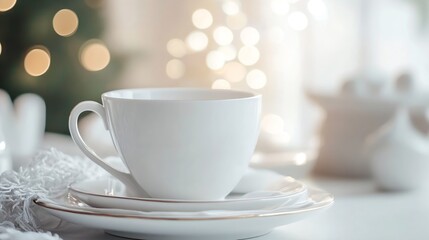 Fototapeta premium Elegant White Cup and Saucer Set Amidst Soft Focus Bokeh for Cozy Beverage Moments : Generative AI