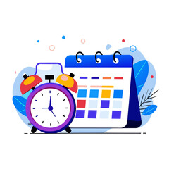 Obraz premium Flat design illustration of a purple alarm clock and a colorful calendar, representing time management. Brightly colored, simple shapes illustrate the concepts of time and scheduling.