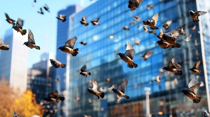 Obraz premium Flock of Birds Flying Over Urban Landscape with Modern Buildings in Background during Bright Daylight : Generative AI
