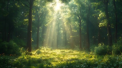 Obraz premium Sunbeams illuminate misty forest path, nature background, idyllic scene