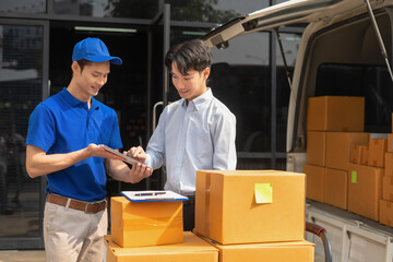 Concept of e-commerce, logistics, and fast courier service for secure package handling.