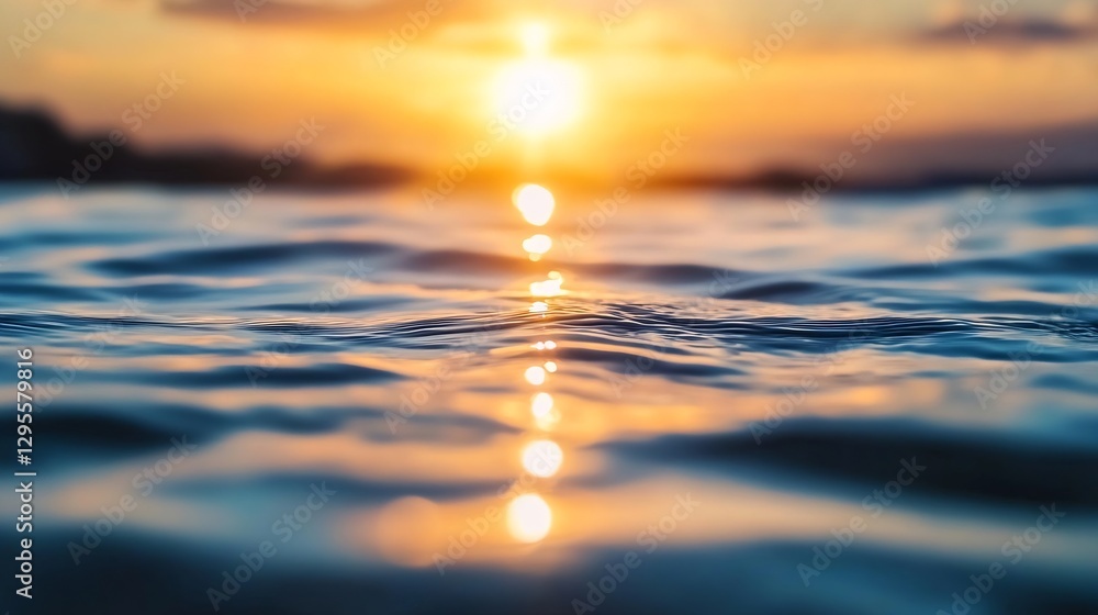 Poster serene sunset reflection on calm water surface creating beautiful golden hues and patterns : generat